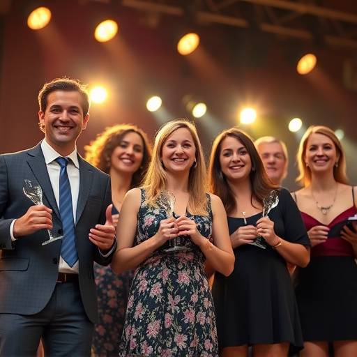 Group photo of successful Emerald Coast Acting Academy alumni on stage after a performance, smiling and holding awards